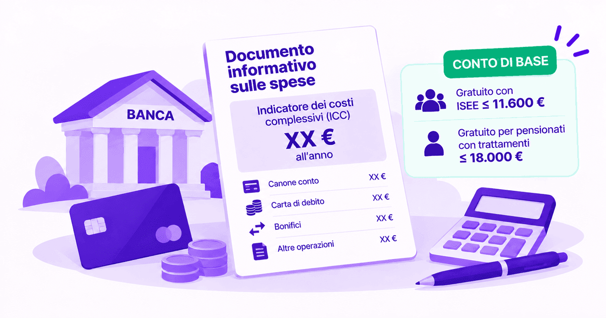 Illustrazione: davanti all'edificio di una banca, con una carta di pagamento e delle monete, un Documento informativo sulle spese mostra in grande l'Indicatore dei costi complessivi (ICC) con l'importo lasciato come XX euro all'anno, e sotto le righe di canone, carta di debito, bonifici e altre operazioni. A destra una scheda «Conto di base»: gratuito con ISEE fino a 11.600 euro, gratuito per pensionati con trattamenti fino a 18.000 euro
