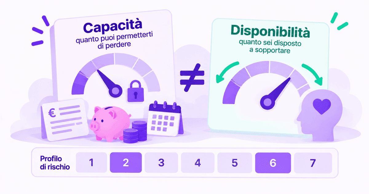 Due pannelli affiancati, separati da un segno di diverso. A sinistra «Capacità — quanto puoi permetterti di perdere», con un misuratore a lancetta e un lucchetto chiuso accanto, e sotto una busta paga con il simbolo dell'euro, un salvadanaio, pile di monete e un calendario. A destra «Disponibilità — quanto sei disposto a sopportare», con lo stesso misuratore ma due frecce verdi che ne spostano la lancetta nei due versi, e accanto il profilo di una testa con un cuore dentro. In basso una fascia intitolata «Profilo di rischio» con sette caselle numerate da 1 a 7, la 2 e la 6 evidenziate
